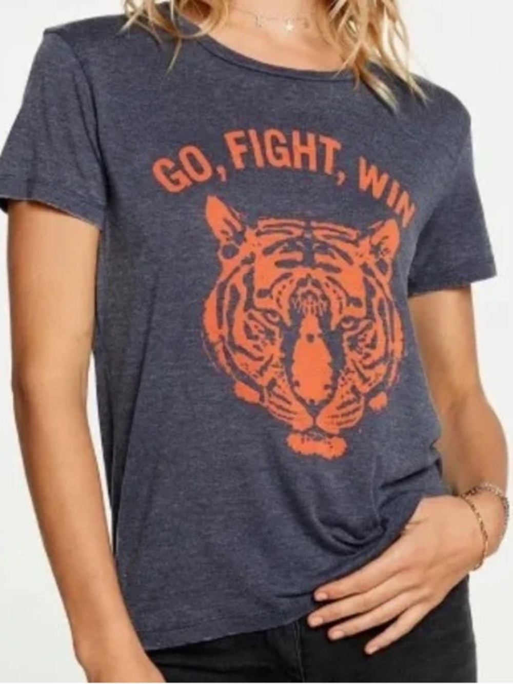 Chaser Women’s Go, Fight, Win Tiger Graphic Charcoal & Orange Vintage Tee Small